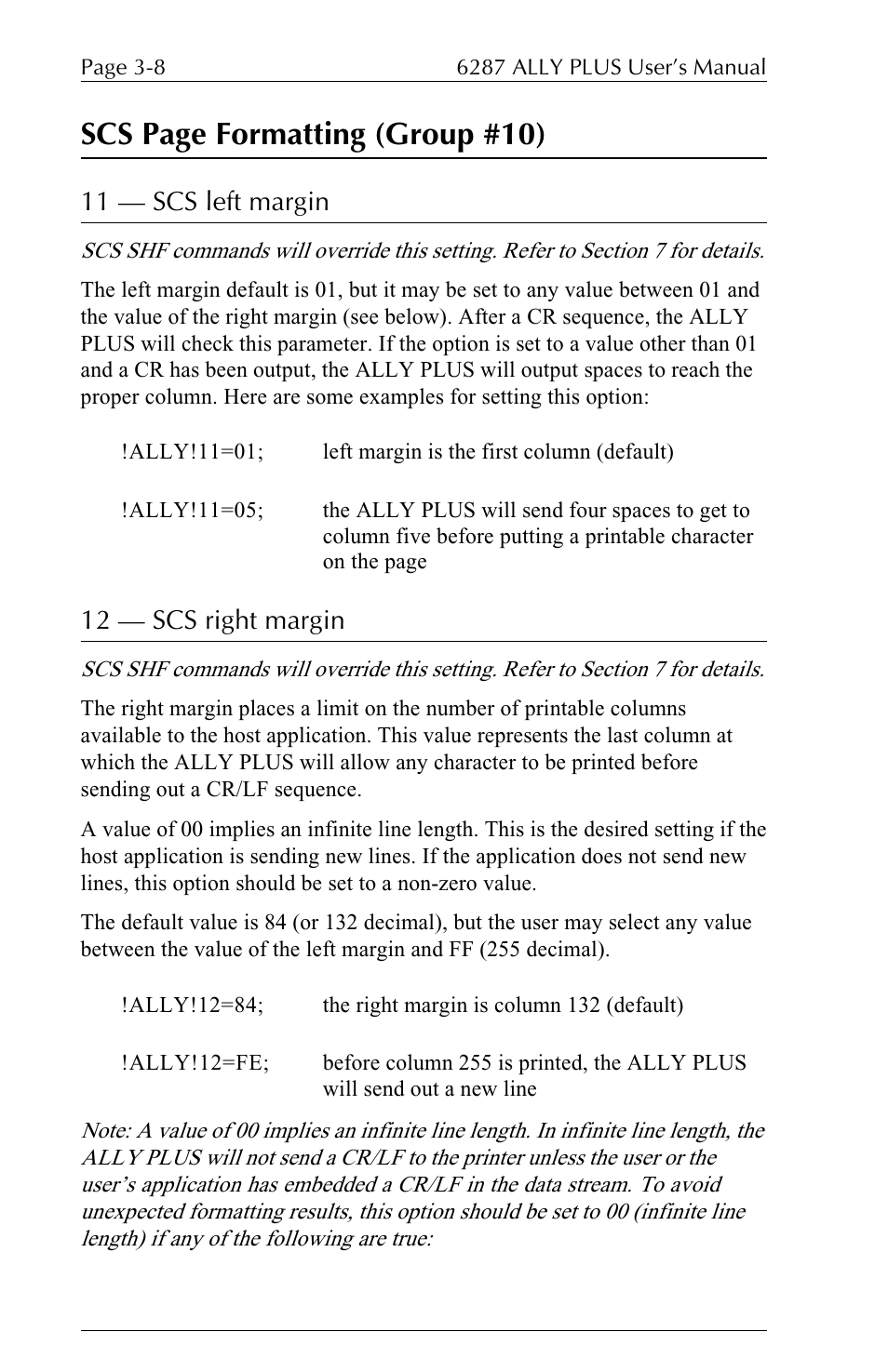 Scs page formatting (group #10), 11 — scs left margin, 12 — scs right margin | Xerox ALLY PLUSTM 6287 User Manual | Page 48 / 186