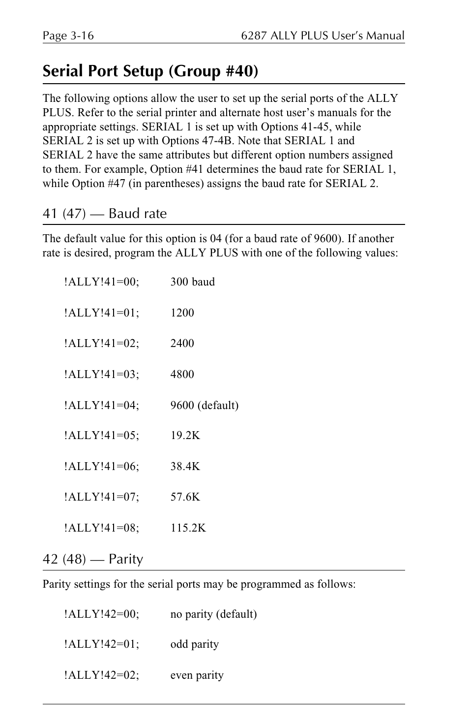 Serial port setup (group #40), 41 (47) — baud rate, 42 (48) — parity | Xerox ALLY PLUSTM 6287 User Manual | Page 56 / 186