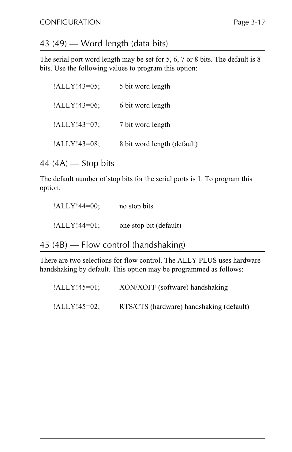 43 (49) — word length (data bits), 44 (4a) — stop bits, 45 (4b) — flow control (handshaking) | Xerox ALLY PLUSTM 6287 User Manual | Page 57 / 186