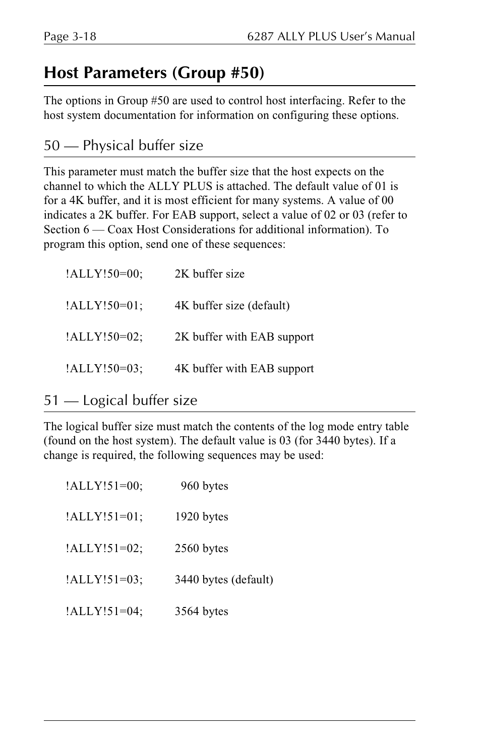 Host parameters (group #50), 50 — physical buffer size, 51 — logical buffer size | Xerox ALLY PLUSTM 6287 User Manual | Page 58 / 186