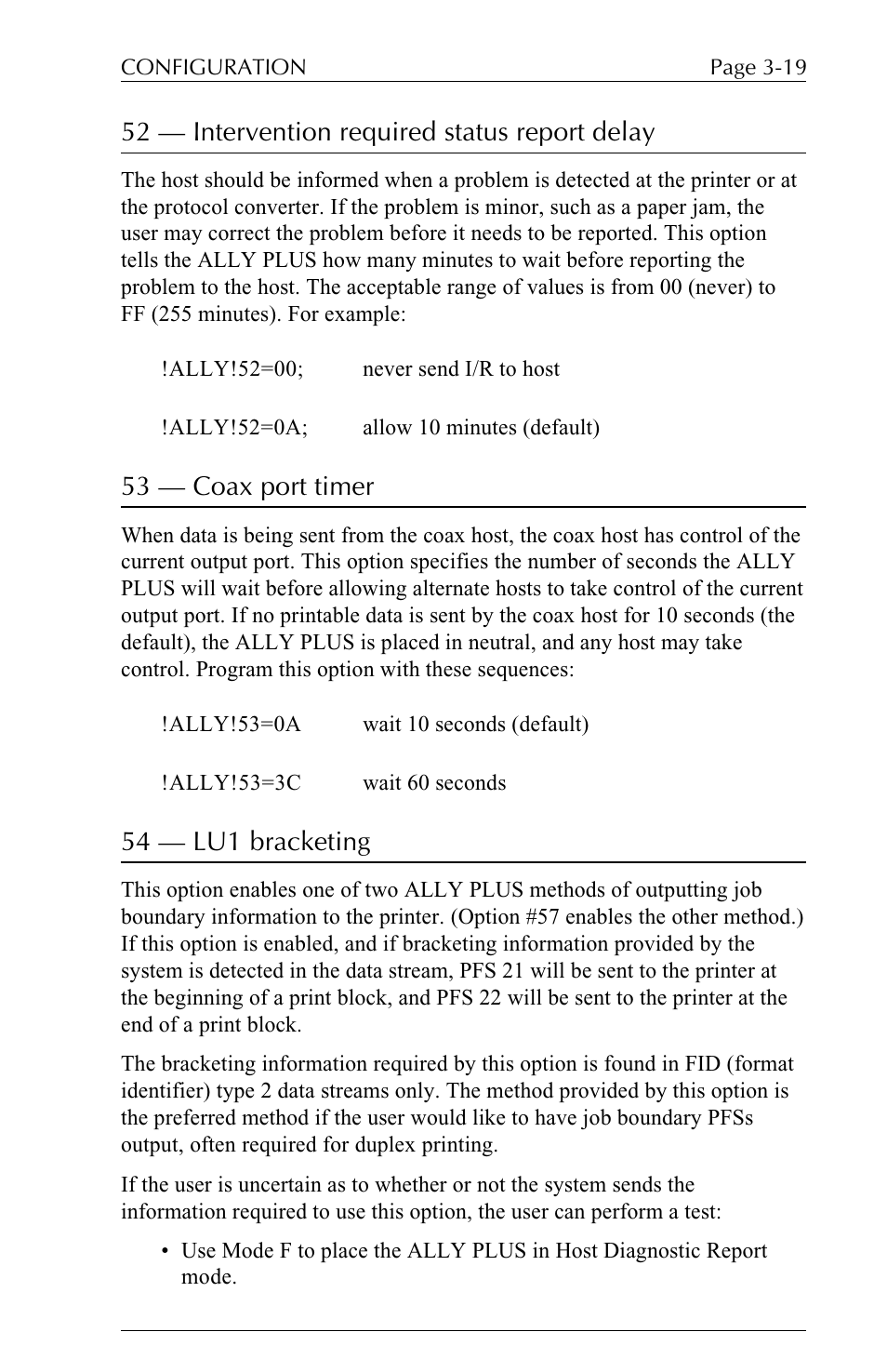 52 — intervention required status report delay, 53 — coax port timer, 54 — lu1 bracketing | Xerox ALLY PLUSTM 6287 User Manual | Page 59 / 186