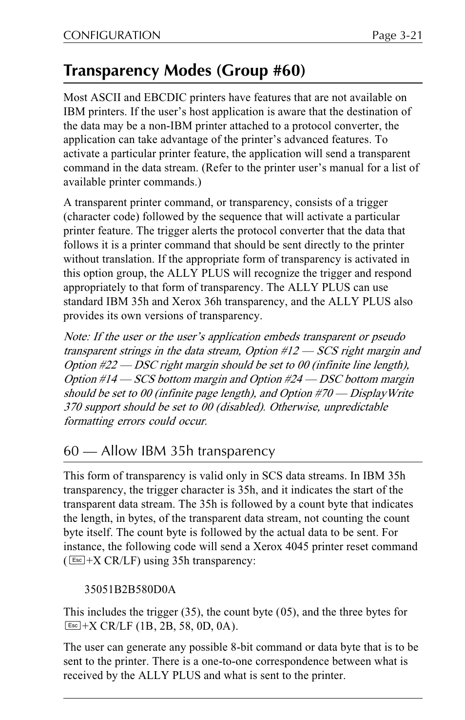Transparency modes (group #60), 60 — allow ibm 35h transparency | Xerox ALLY PLUSTM 6287 User Manual | Page 61 / 186