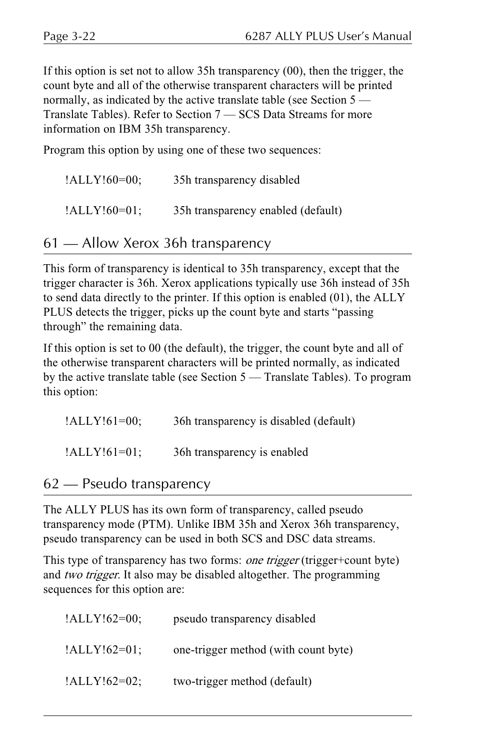 61 — allow xerox 36h transparency, 62 — pseudo transparency | Xerox ALLY PLUSTM 6287 User Manual | Page 62 / 186