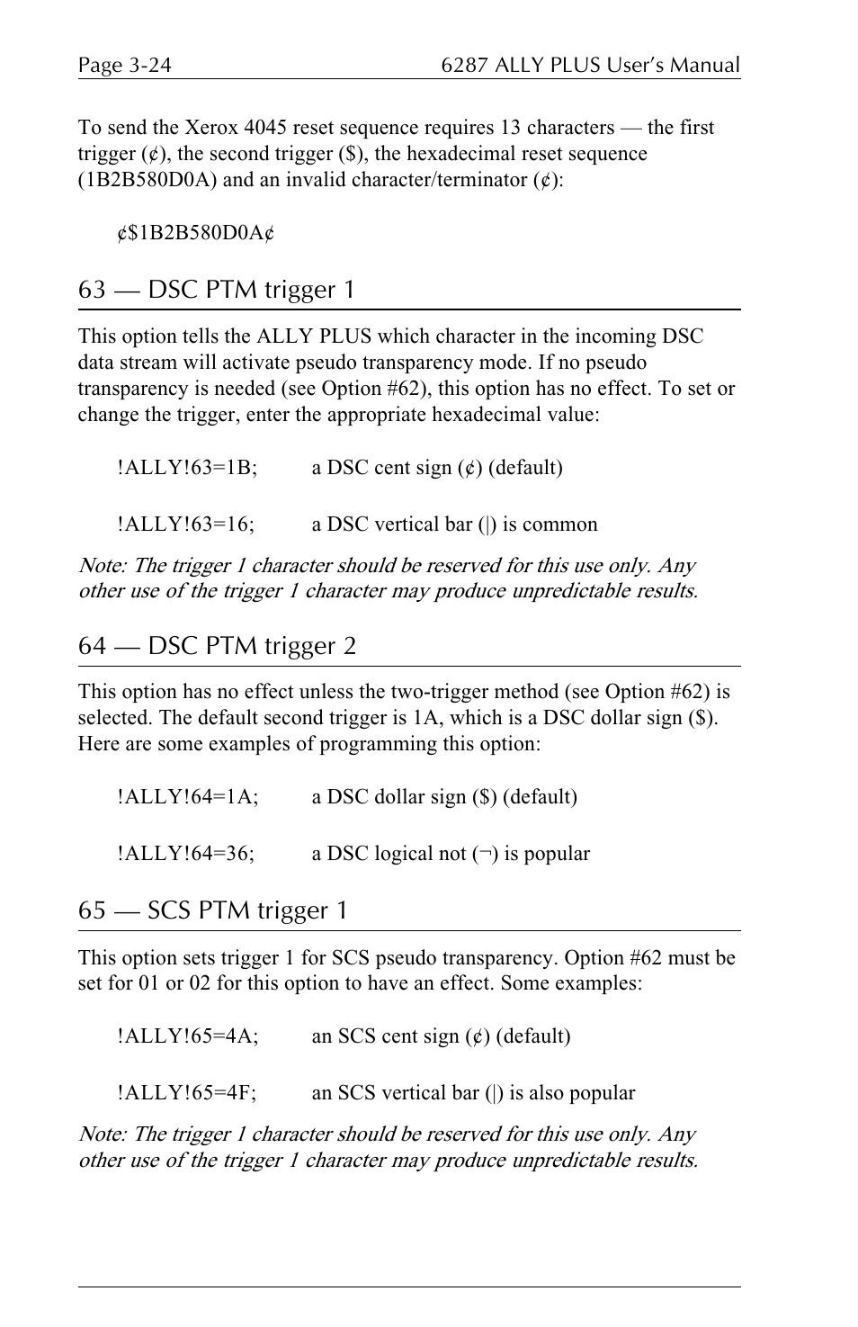 63 — dsc ptm trigger 1, 64 — dsc ptm trigger 2, 65 — scs ptm trigger 1 | Xerox ALLY PLUSTM 6287 User Manual | Page 64 / 186