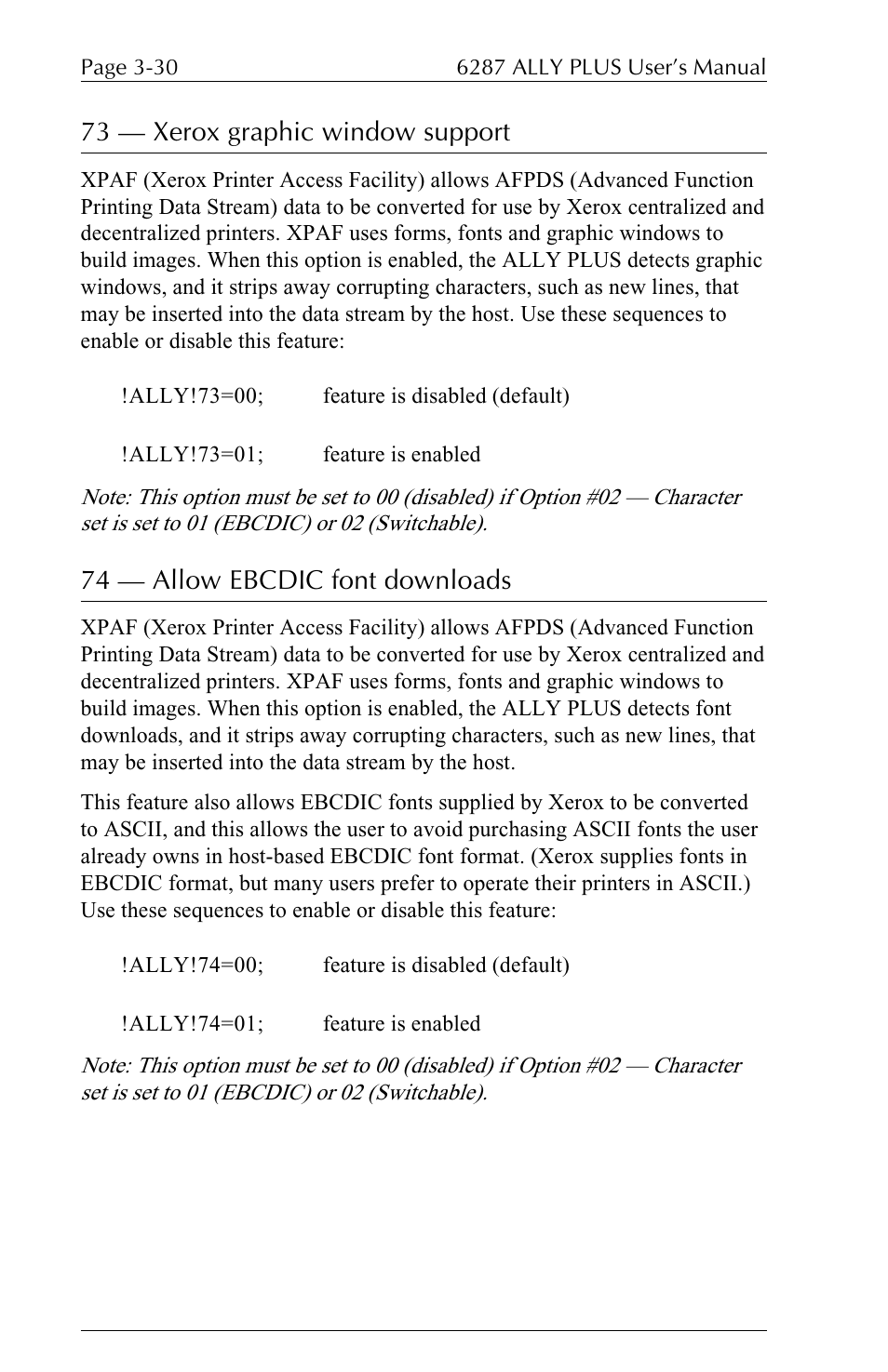 73 — xerox graphic window support, 74 — allow ebcdic font downloads | Xerox ALLY PLUSTM 6287 User Manual | Page 70 / 186