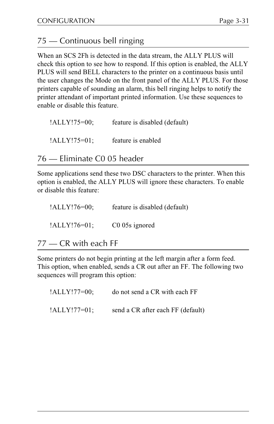 75 — continuous bell ringing, 77 — cr with each ff | Xerox ALLY PLUSTM 6287 User Manual | Page 71 / 186