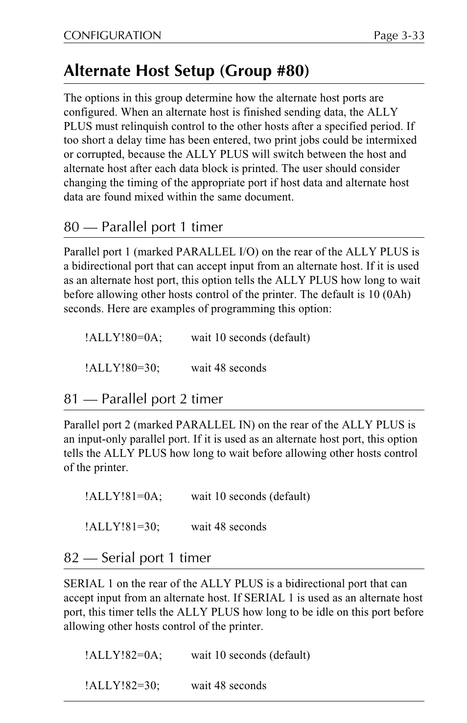 Alternate host setup (group #80), 80 — parallel port 1 timer, 81 — parallel port 2 timer | 82 — serial port 1 timer | Xerox ALLY PLUSTM 6287 User Manual | Page 73 / 186