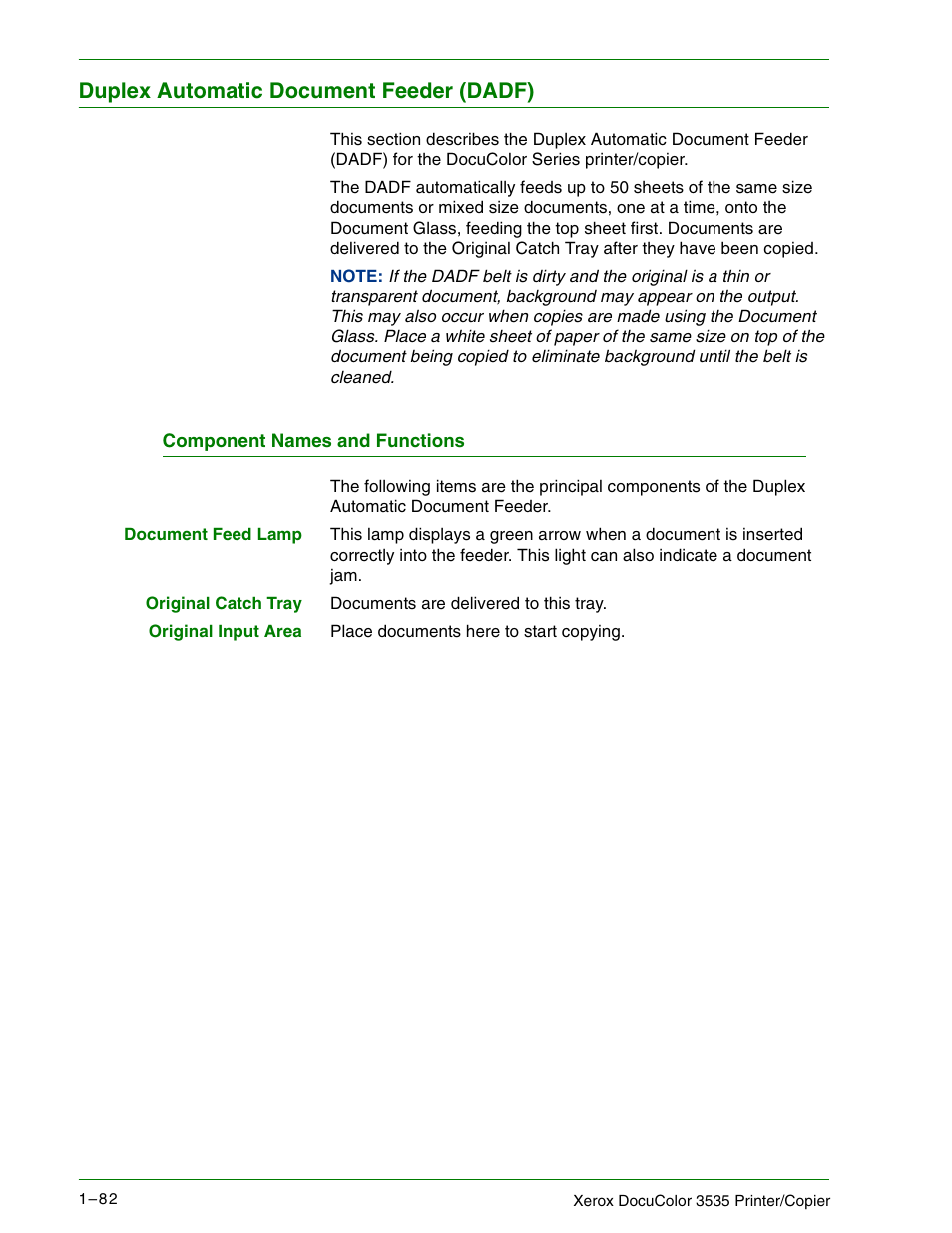 Duplex automatic document feeder (dadf), Component names and functions, Duplex automatic document feeder (dadf) 1–82 | Component names and functions 1–82 | Xerox 3535 User Manual | Page 100 / 268