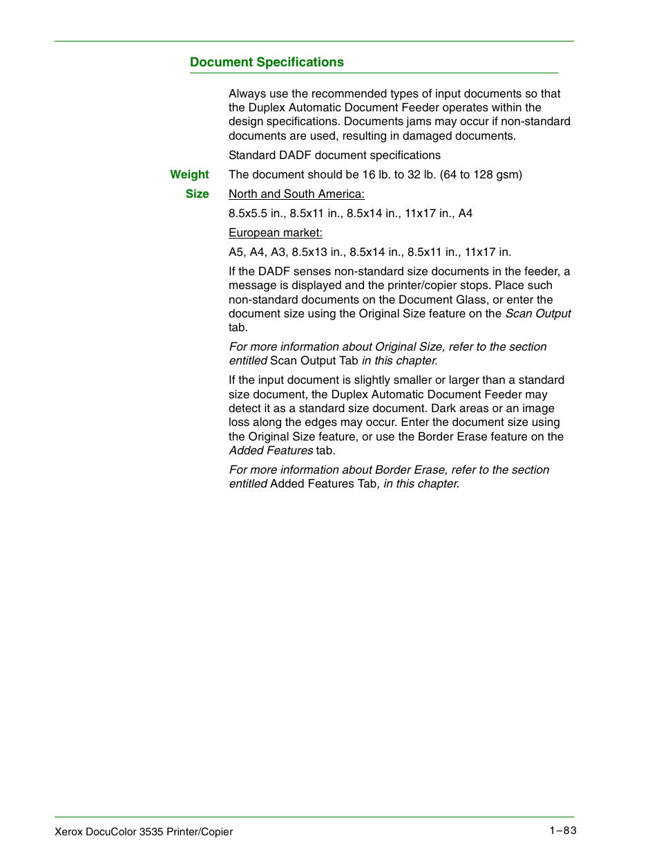 Document specifications | Xerox 3535 User Manual | Page 101 / 268