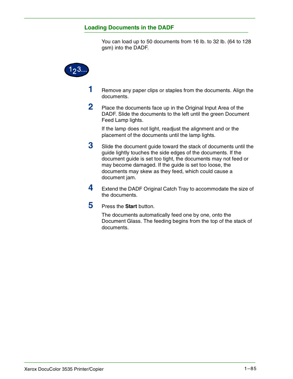 Loading documents in the dadf | Xerox 3535 User Manual | Page 103 / 268