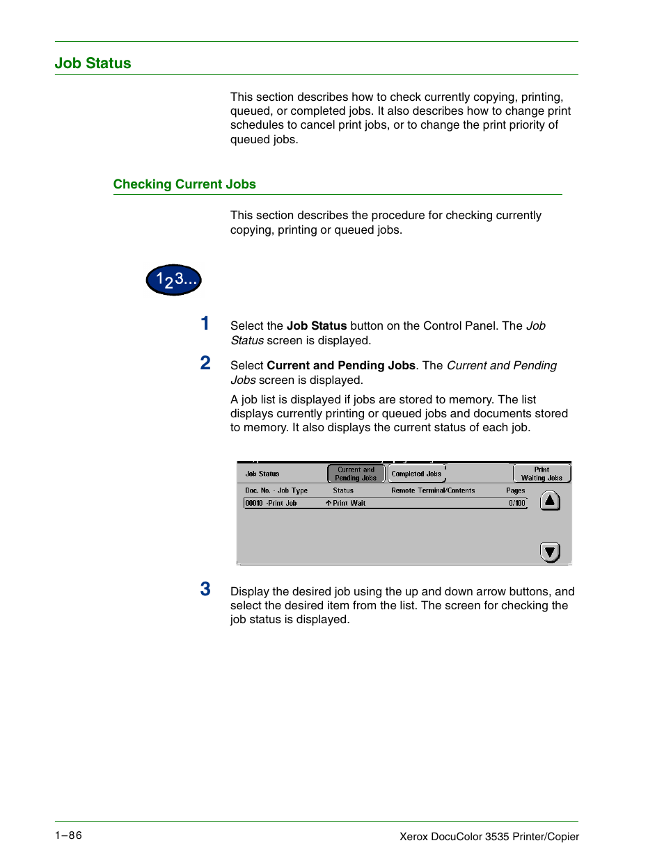 Job status, Checking current jobs, Job status 1–86 | Checking current jobs 1–86 | Xerox 3535 User Manual | Page 104 / 268