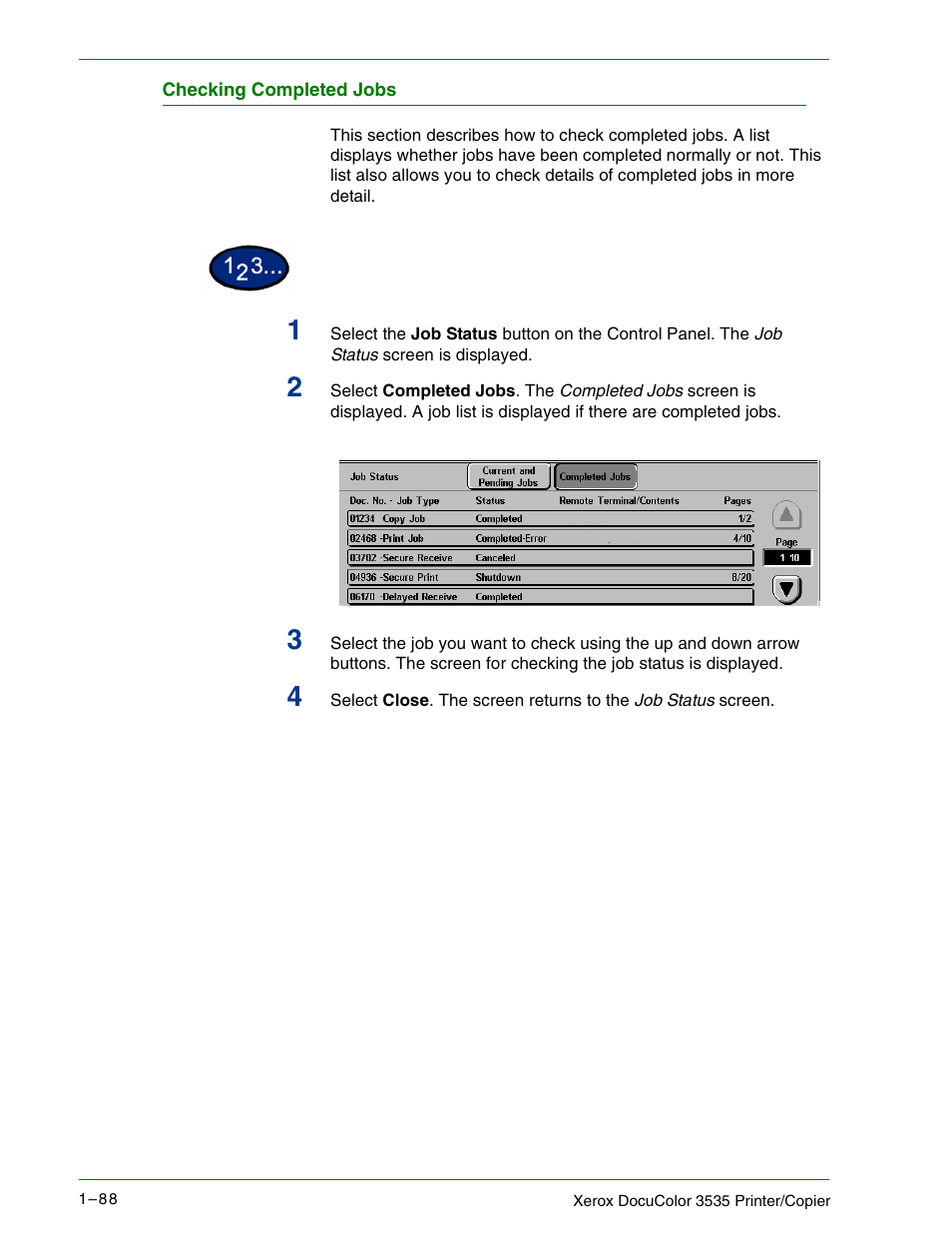 Checking completed jobs, Checking completed jobs 1–88 | Xerox 3535 User Manual | Page 106 / 268