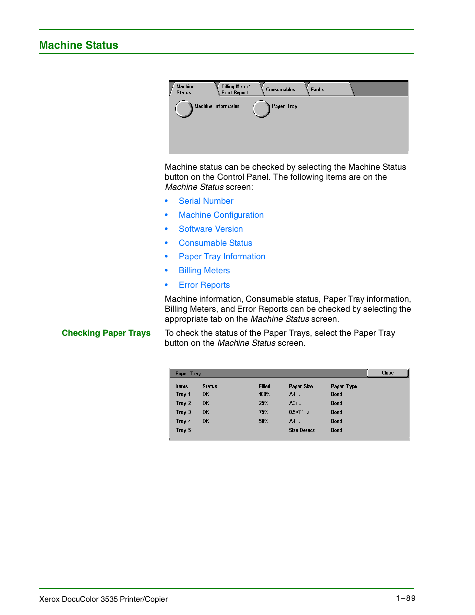 Machine status, Machine status 1–89 | Xerox 3535 User Manual | Page 107 / 268