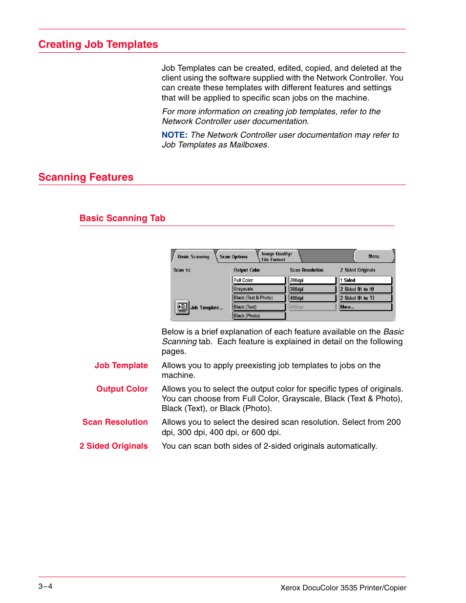 Creating job templates, Scanning features, Basic scanning tab | Creating job templates 3–4, Scanning features 3–4, Basic scanning tab 3–4 | Xerox 3535 User Manual | Page 116 / 268