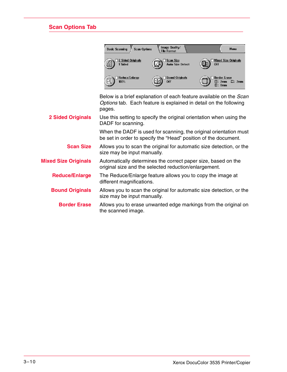 Scan options tab, Scan options tab 3–10 | Xerox 3535 User Manual | Page 122 / 268