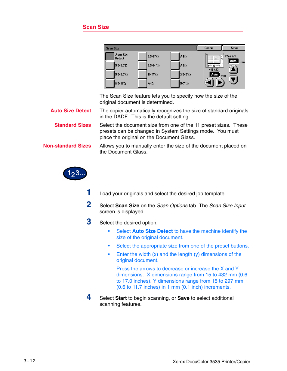 Scan size | Xerox 3535 User Manual | Page 124 / 268