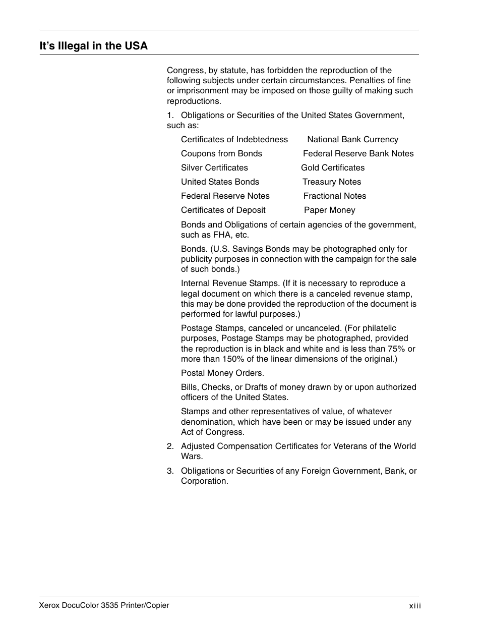 It’s illegal in the usa, It’s illegal in the usa xiii | Xerox 3535 User Manual | Page 13 / 268