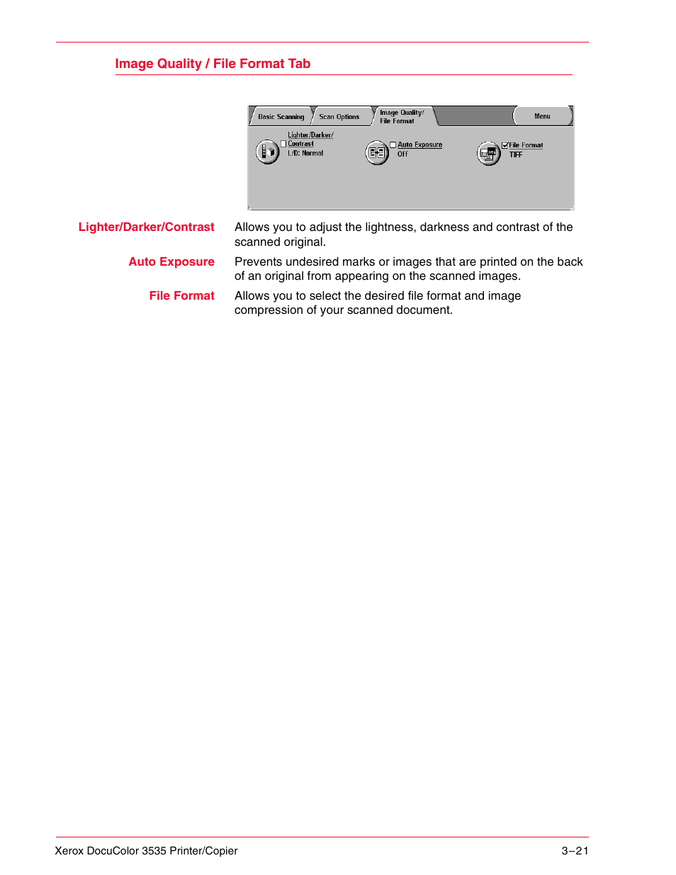 Image quality / file format tab, Image quality / file format tab 3–21 | Xerox 3535 User Manual | Page 133 / 268