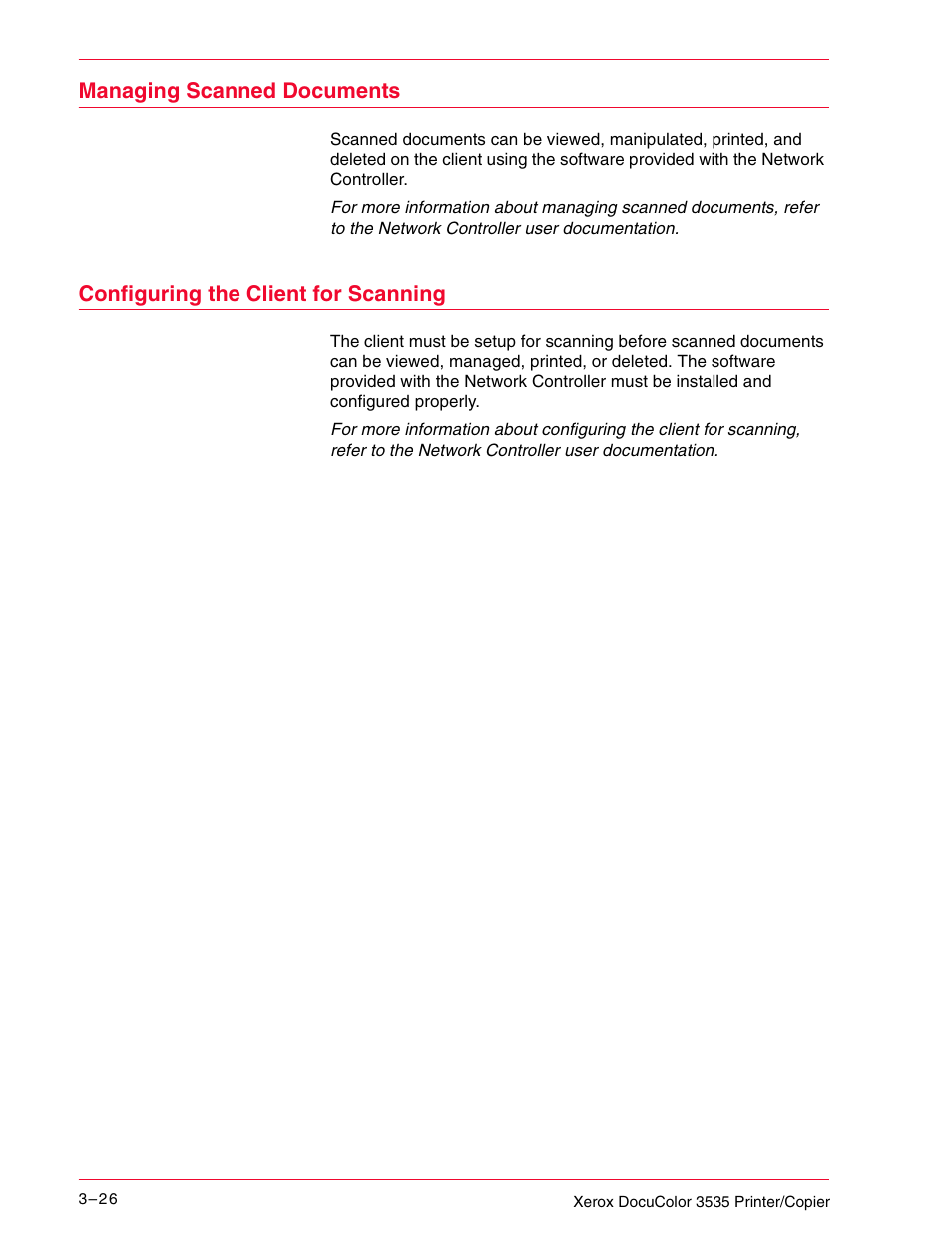 Managing scanned documents, Configuring the client for scanning, Managing scanned documents 3–26 | Configuring the client for scanning 3–26 | Xerox 3535 User Manual | Page 138 / 268