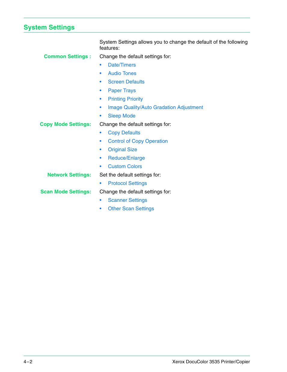 System settings, System settings 4–2 | Xerox 3535 User Manual | Page 140 / 268