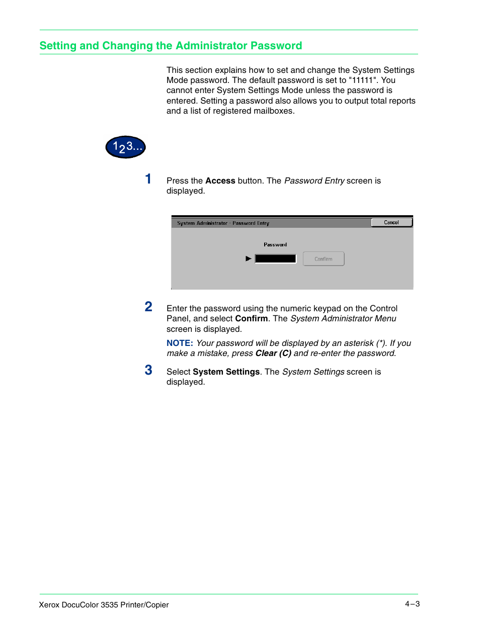 Setting and changing the administrator password | Xerox 3535 User Manual | Page 141 / 268
