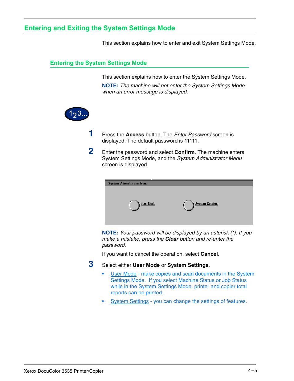 Entering and exiting the system settings mode, Entering the system settings mode, Entering and exiting the system settings mode 4–5 | Entering the system settings mode 4–5 | Xerox 3535 User Manual | Page 143 / 268