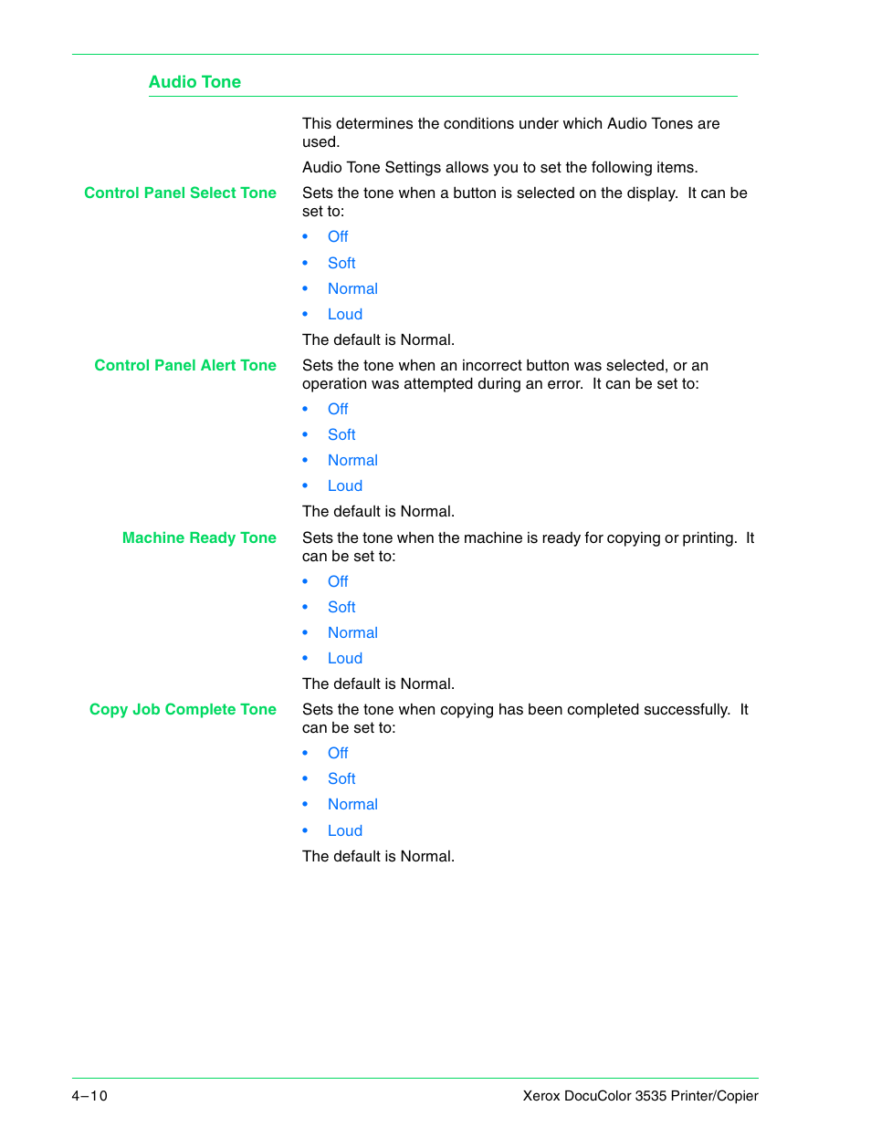 Audio tone, Audio tone 4–10 | Xerox 3535 User Manual | Page 148 / 268