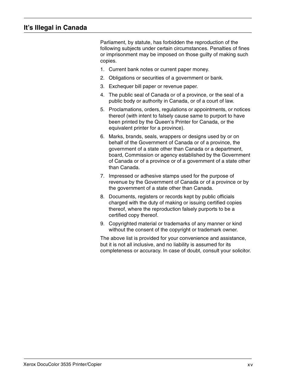 It’s illegal in canada, It’s illegal in canada xv | Xerox 3535 User Manual | Page 15 / 268