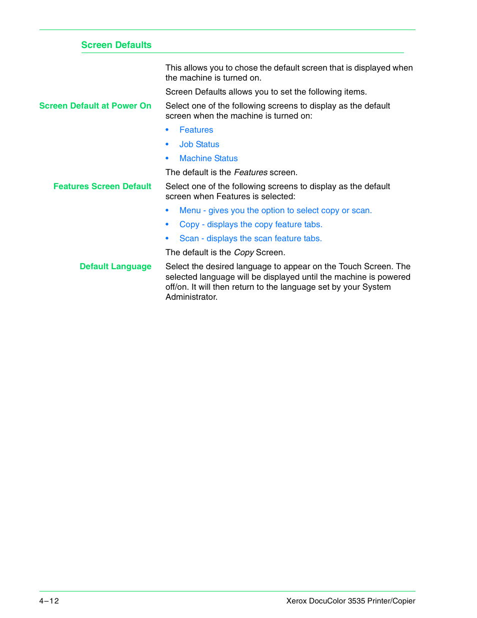 Screen defaults, Screen defaults 4–12 | Xerox 3535 User Manual | Page 150 / 268