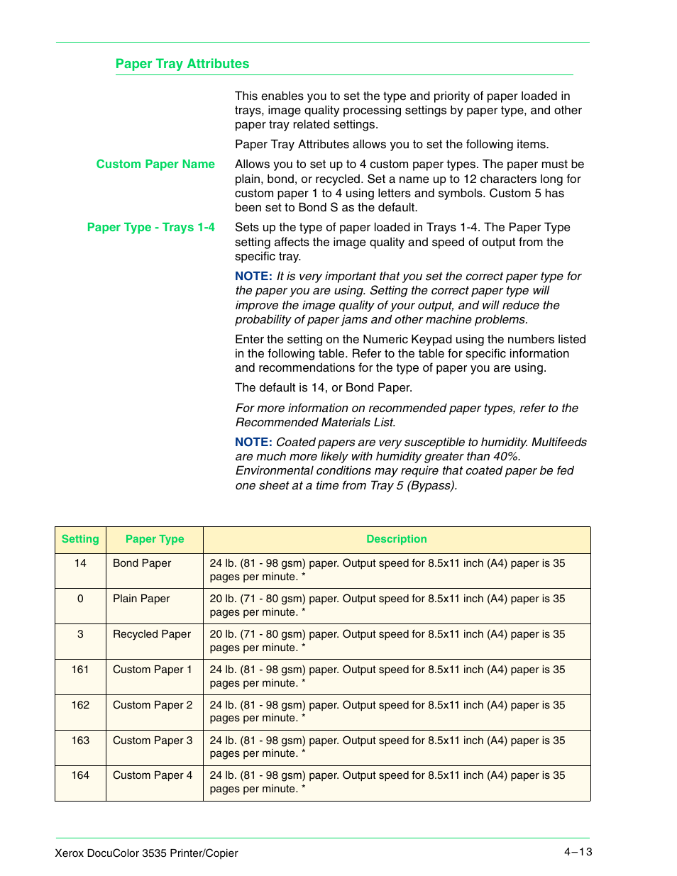 Paper tray attributes, Paper tray attributes 4–13 | Xerox 3535 User Manual | Page 151 / 268