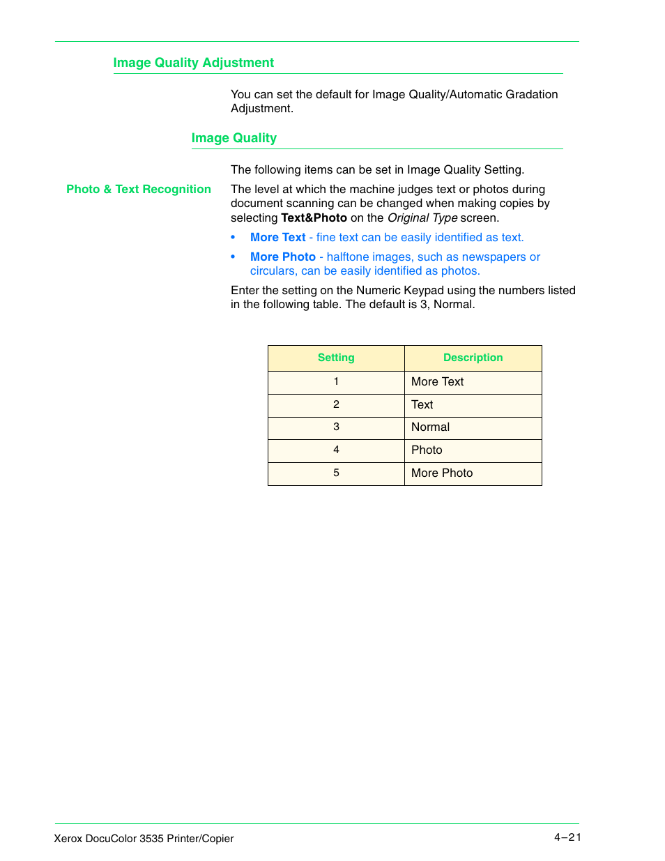 Image quality adjustment, Image quality, Image quality adjustment 4–21 | Xerox 3535 User Manual | Page 159 / 268