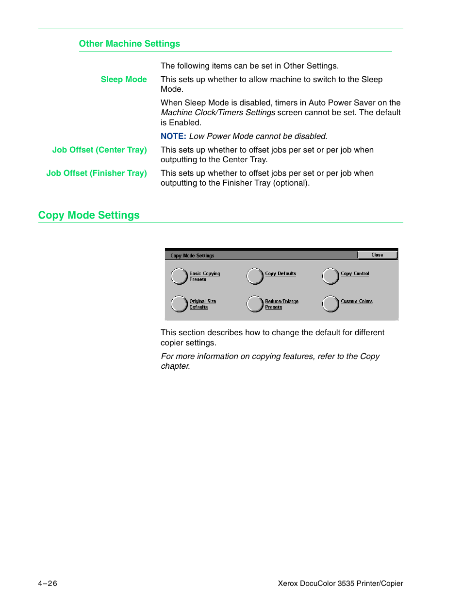 Other machine settings, Copy mode settings, Other machine settings 4–26 | Copy mode settings 4–26 | Xerox 3535 User Manual | Page 164 / 268