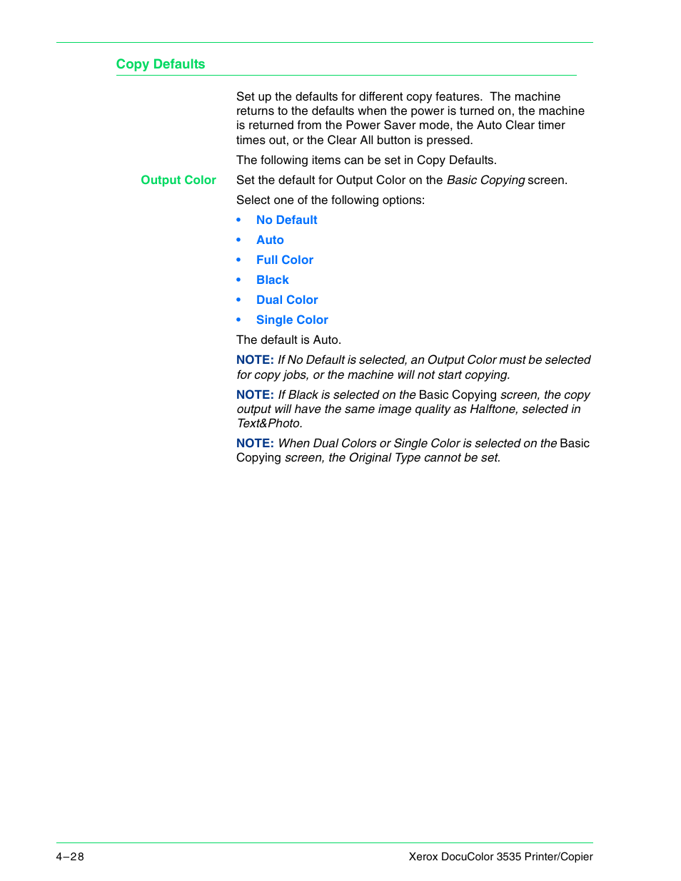 Copy defaults, Copy defaults 4–28 | Xerox 3535 User Manual | Page 166 / 268