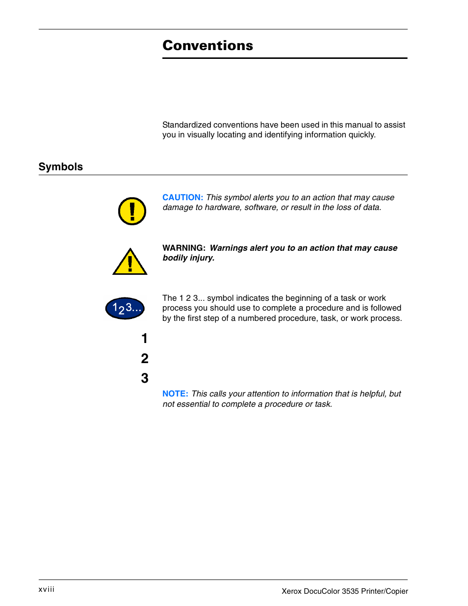 Symbols, Conventions xviii, Symbols xviii | Conventions | Xerox 3535 User Manual | Page 18 / 268