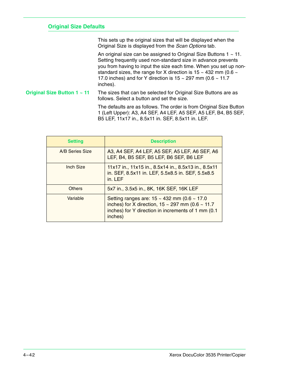 Original size defaults, Original size defaults 4–42 | Xerox 3535 User Manual | Page 180 / 268