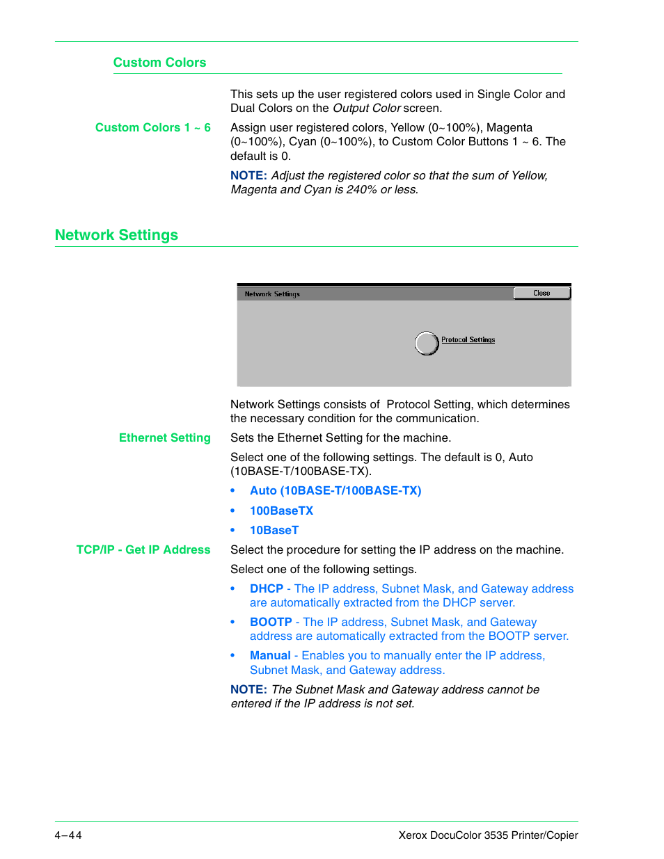Custom colors, Network settings, Custom colors 4–44 | Network settings 4–44 | Xerox 3535 User Manual | Page 182 / 268