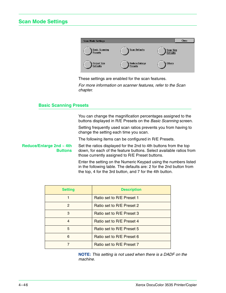 Scan mode settings, Basic scanning presets, Scan mode settings 4–46 | Basic scanning presets 4–46 | Xerox 3535 User Manual | Page 184 / 268