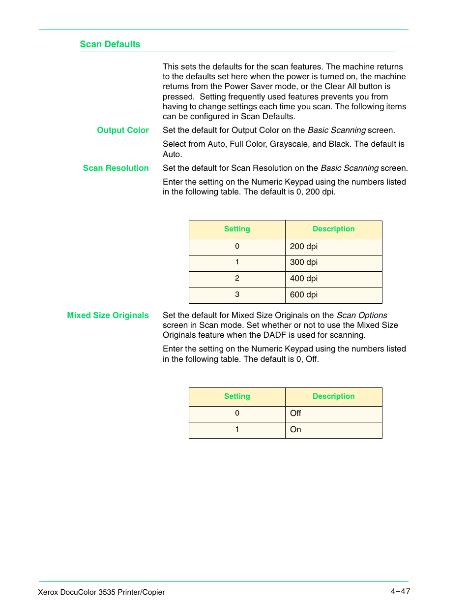 Scan defaults, Scan defaults 4–47 | Xerox 3535 User Manual | Page 185 / 268