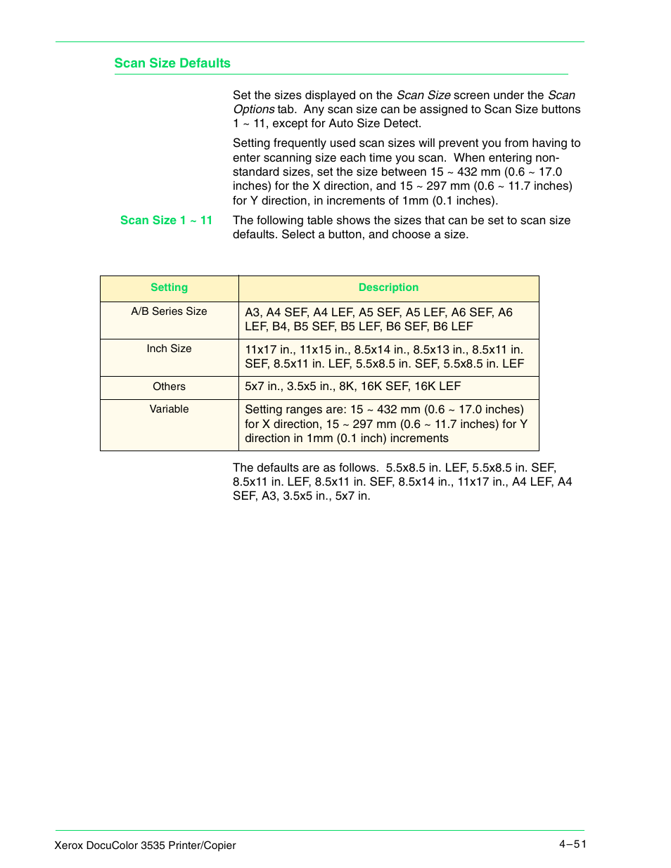 Scan size defaults, Scan size defaults 4–51 | Xerox 3535 User Manual | Page 189 / 268
