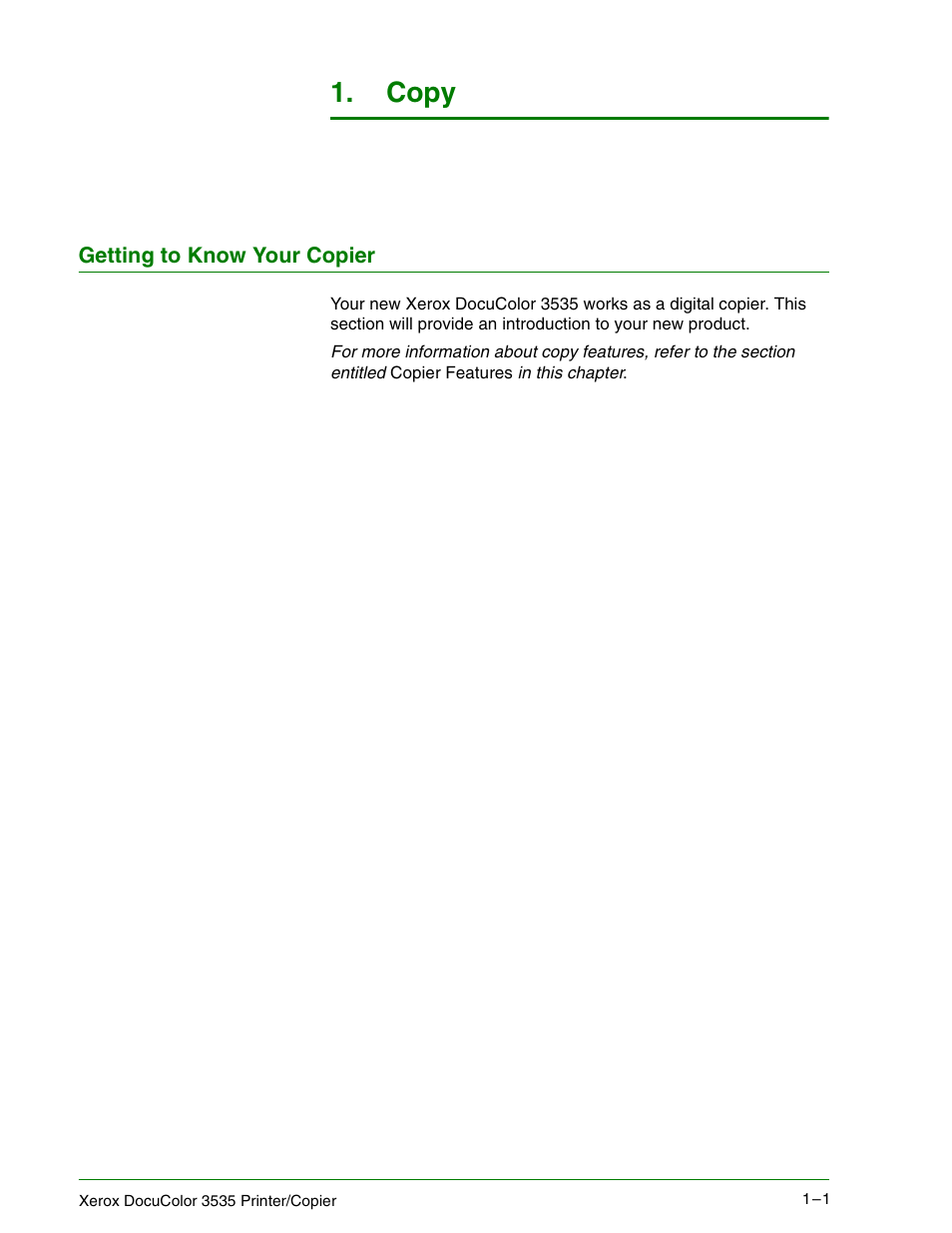 Getting to know your copier, Copy 1–1, Getting to know your copier 1–1 | Copy | Xerox 3535 User Manual | Page 19 / 268