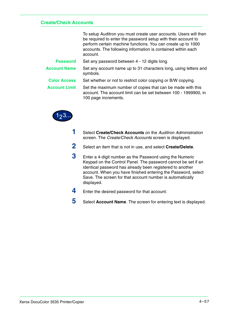 Create/check accounts, Create/check accounts 4–57 | Xerox 3535 User Manual | Page 195 / 268