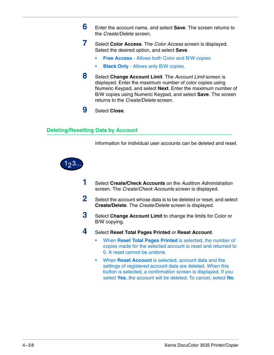 Deleting/resetting data by account, Deleting/resetting data by account 4–58 | Xerox 3535 User Manual | Page 196 / 268