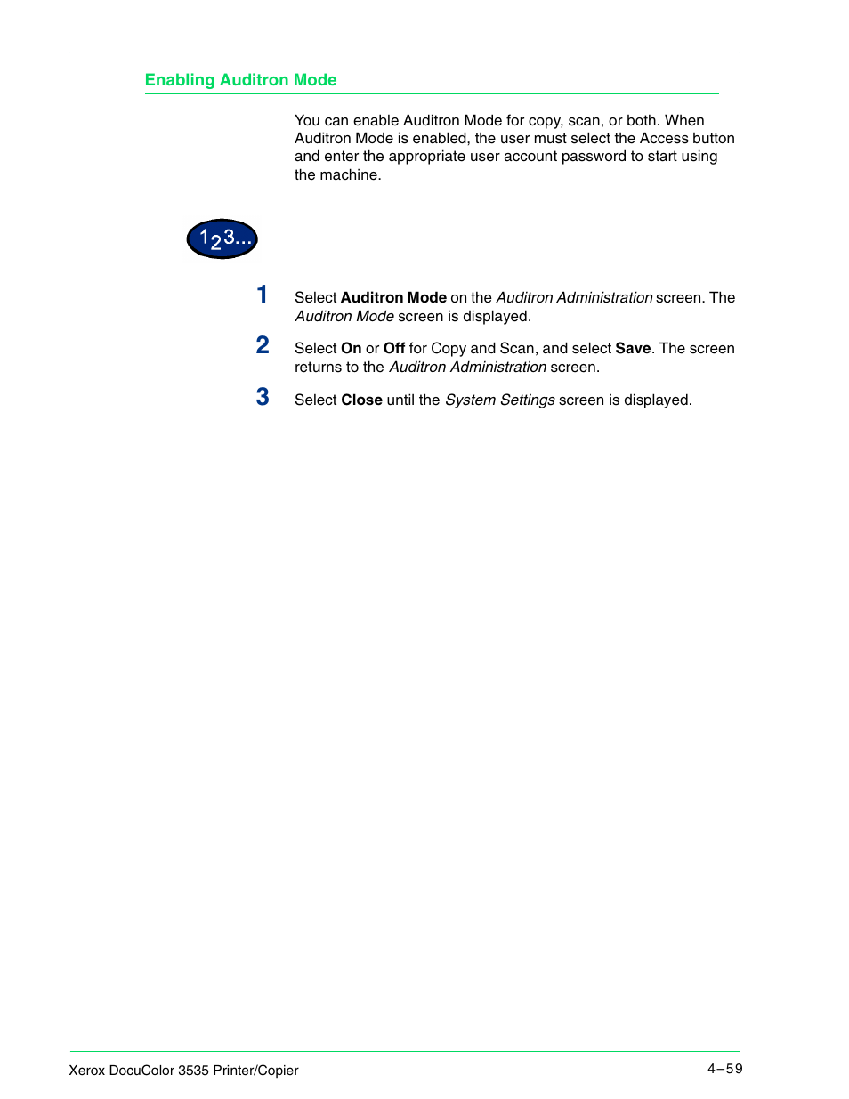 Enabling auditron mode, Enabling auditron mode 4–59 | Xerox 3535 User Manual | Page 197 / 268