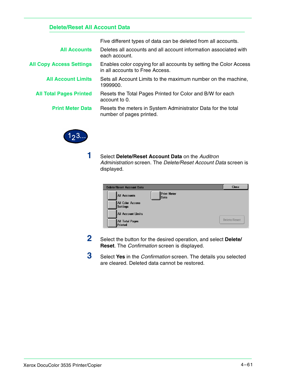 Delete/reset all account data, Delete/reset all account data 4–61 | Xerox 3535 User Manual | Page 199 / 268