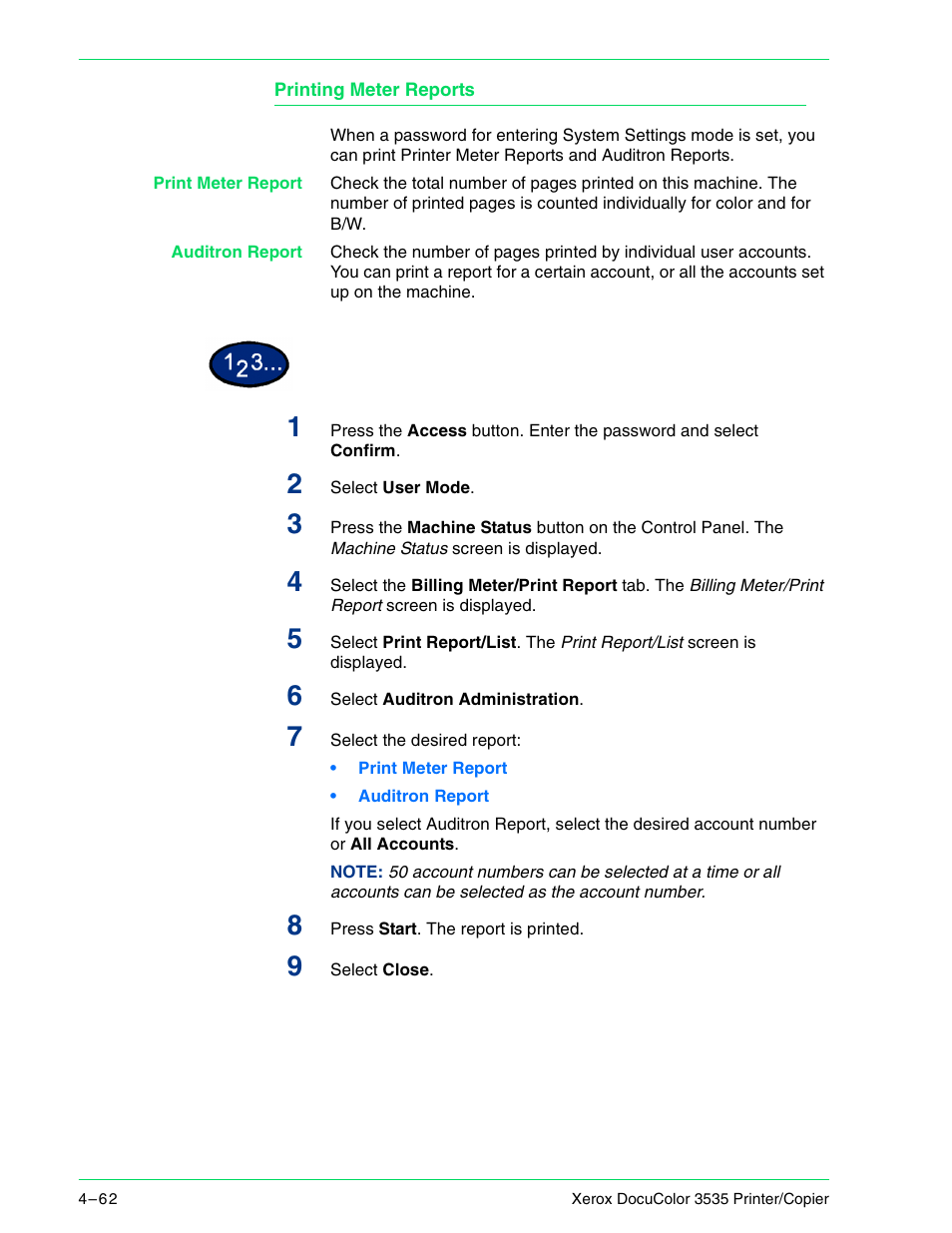 Printing meter reports | Xerox 3535 User Manual | Page 200 / 268