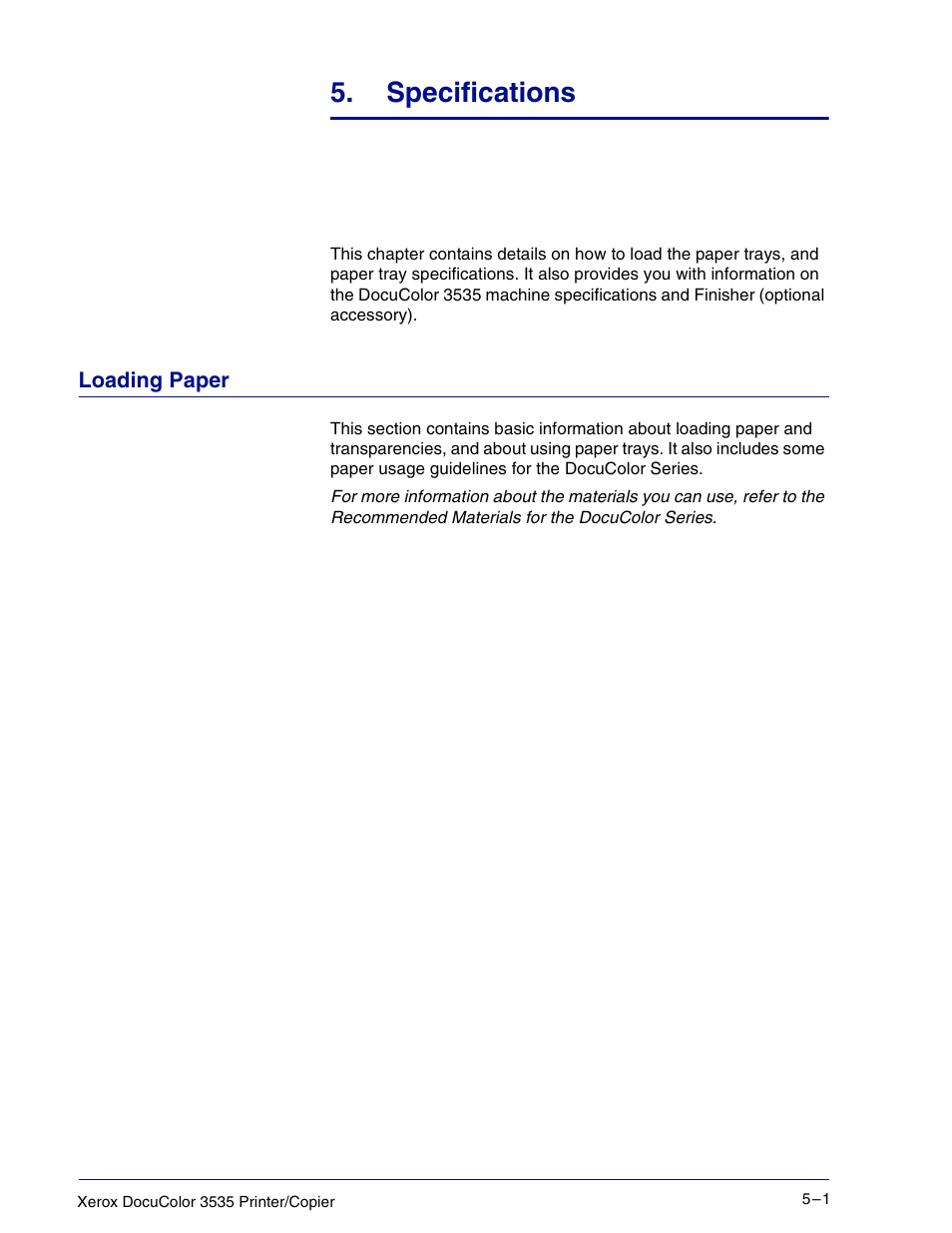 Loading paper, Specifications 5–1, Loading paper 5–1 | Specifications | Xerox 3535 User Manual | Page 201 / 268