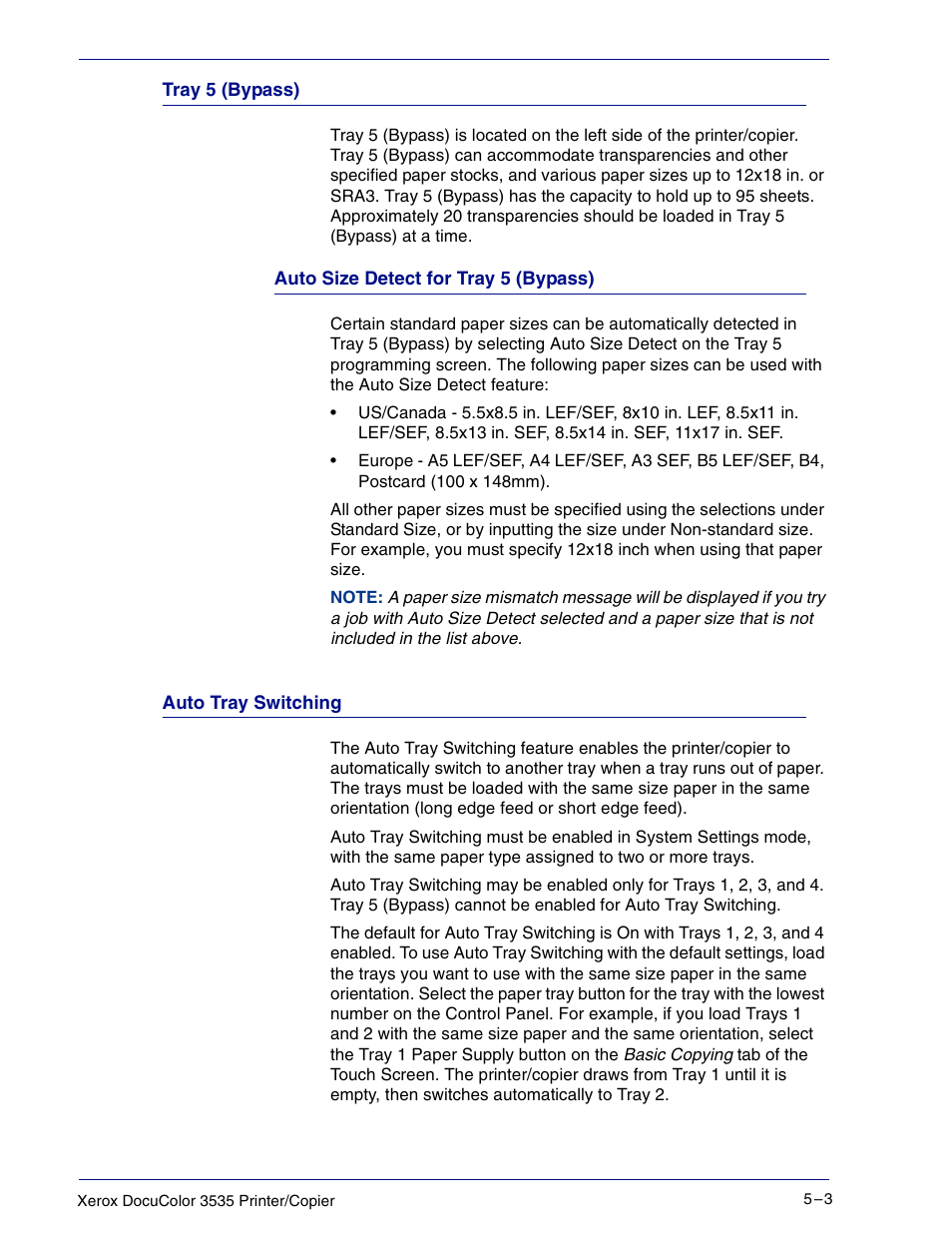 Tray 5 (bypass), Auto size detect for tray 5 (bypass), Auto tray switching | Tray 5 (bypass) 5–3, Auto tray switching 5–3 | Xerox 3535 User Manual | Page 203 / 268