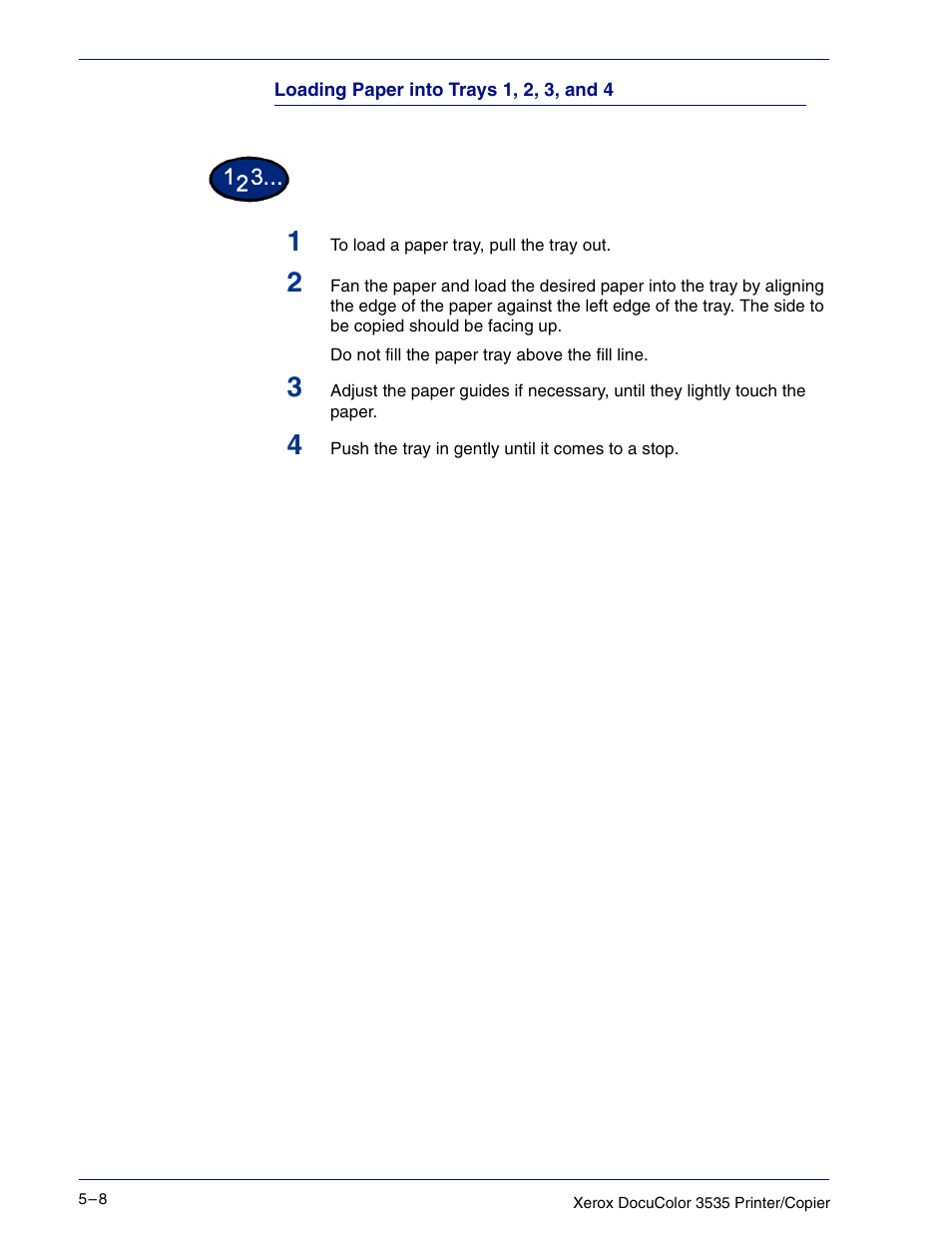 Loading paper into trays 1, 2, 3, and 4 | Xerox 3535 User Manual | Page 208 / 268