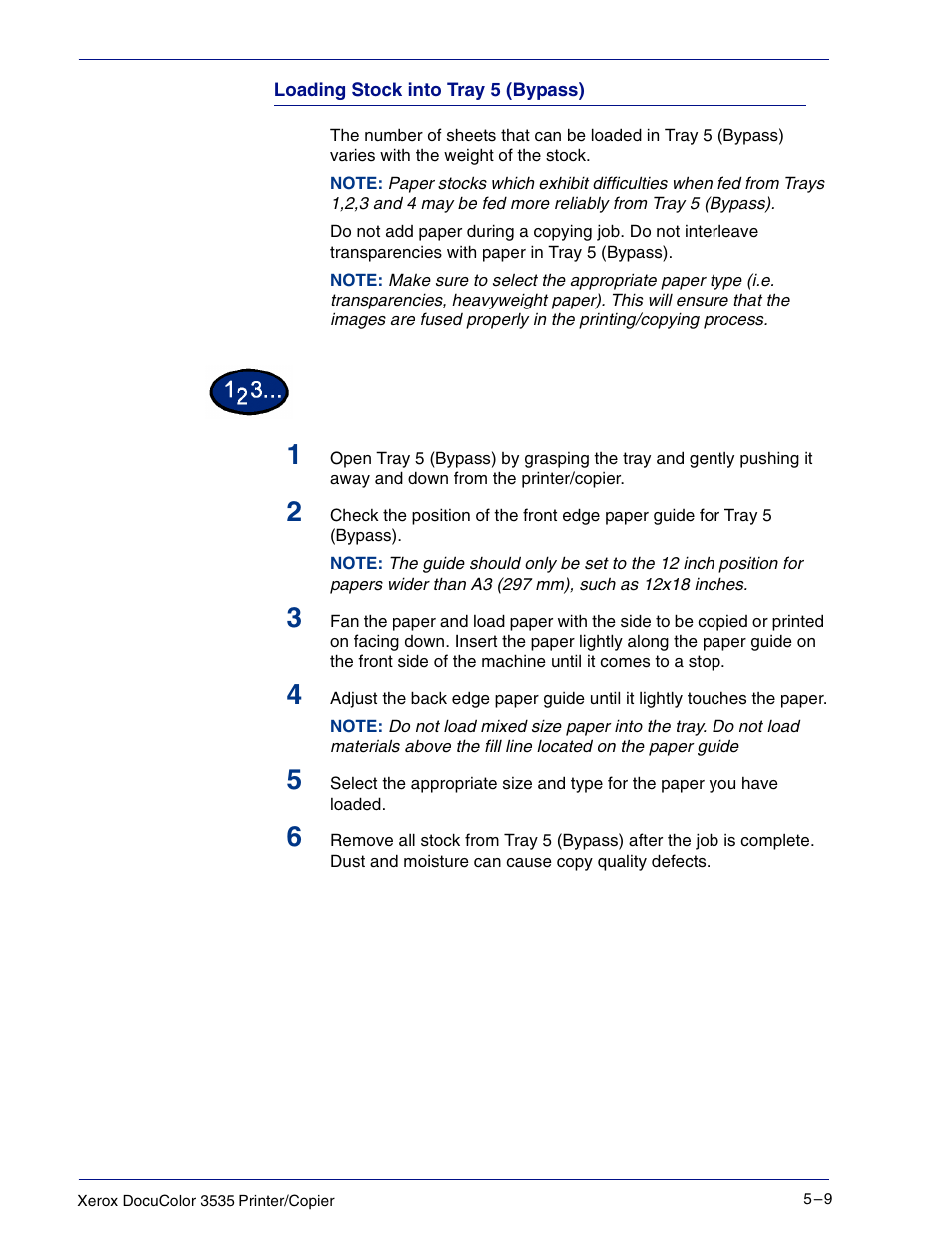 Loading stock into tray 5 (bypass) | Xerox 3535 User Manual | Page 209 / 268