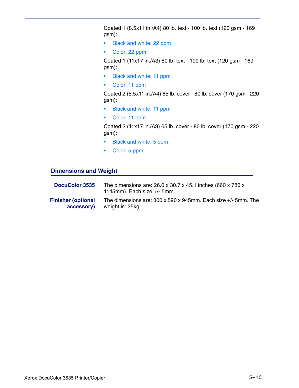 Dimensions and weight, Dimensions and weight 5–13 | Xerox 3535 User Manual | Page 213 / 268